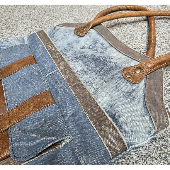 Mona B Collins Tote Bag Distressed Leather Denim Rustic Purse Handbag - Picture 3 of 14